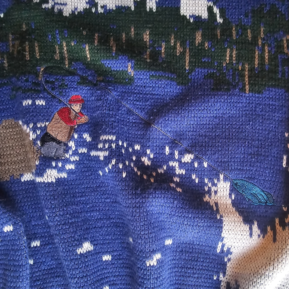 VTG Street Wear All Over Print Sweater Fishing Mountains Campus Size Large - Picture 2 of 7